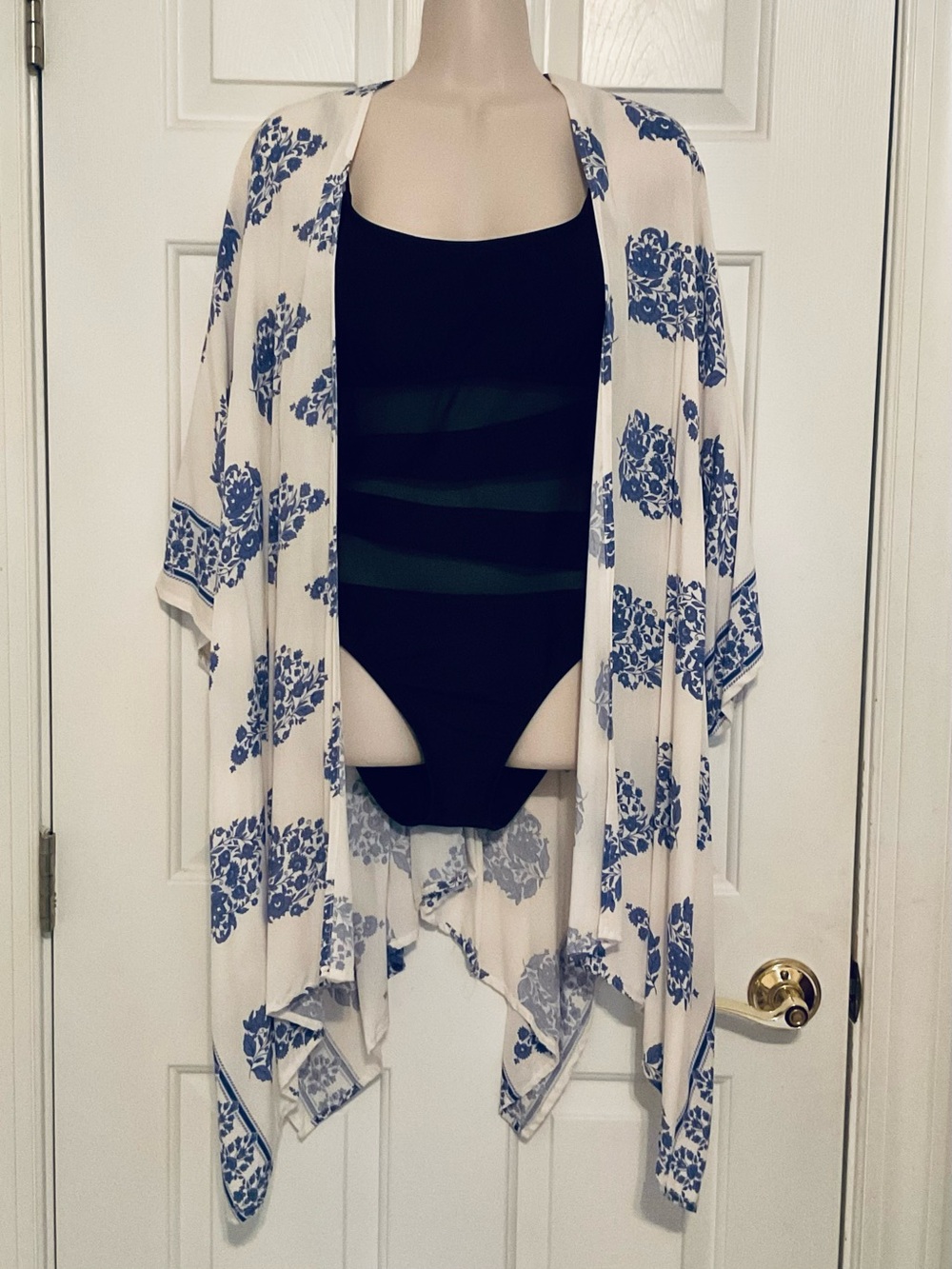 Floral Blue & White Swim Coverup Kimono